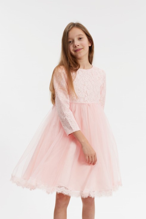 vestido ceremonia niña, vestido rosa tul, vestido encaje niña, vestido arras, ropa fiesta infantil, vestido manga larga niña, zoya fashion