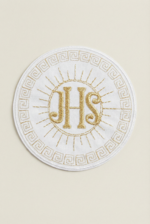 aplicación bordada ihs, parche primera comunión, adorno hostia dorada, emblema religioso ropa, accesorios comunión españa, decoración litúrgica