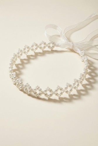 Diadema de Flores Blancas con Perlas para Niña - Tocado de Ceremonia Ajustable con Cintas de Organza