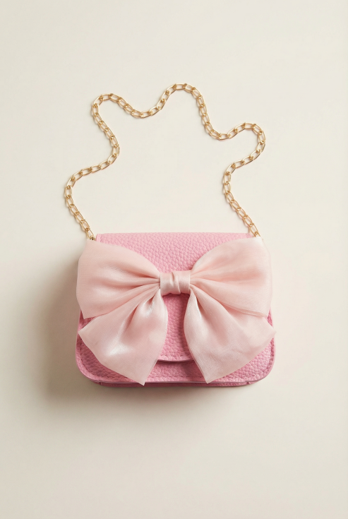 bolso rosa niña, bolso elegante niña, bolso con lazo niña, bolso con cadena dorada, accesorios niña, bolso para fiestas, bolso de comunión, regalo para niña, bolso pequeño elegante, bolso para ocasiones especiales