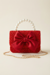 bolso rojo niña, bolso con lazo, bolso infantil elegante, bolso con perlas, accesorio niña, bolso para fiestas, regalo para niña, bolso infantil de lujo
