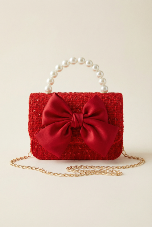 bolso rojo niña, bolso con lazo, bolso infantil elegante, bolso con perlas, accesorio niña, bolso para fiestas, regalo para niña, bolso infantil de lujo