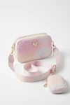bolso niña rosa acolchado vista frontal, detalle mariposa dorada, bolso elegante niña