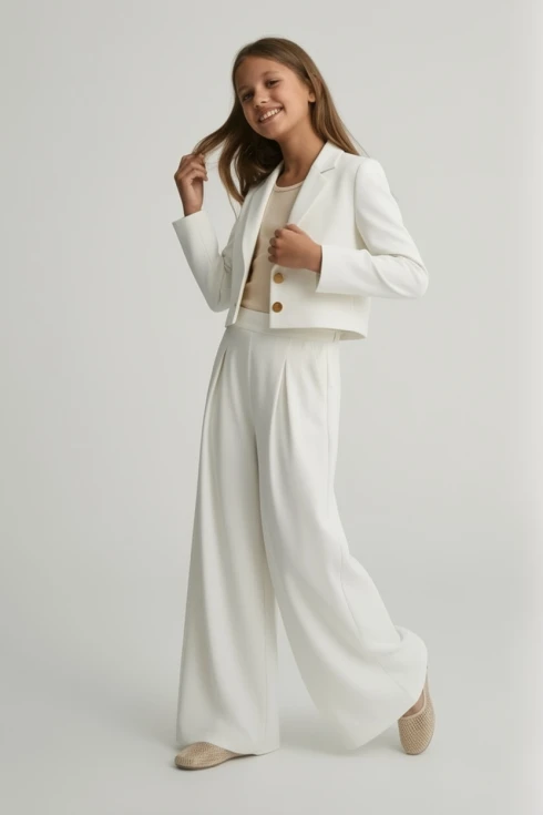 conjunto elegante niña Emi blanco, conjunto ceremonia niña, conjunto blazer pantalón niña, traje sastre niña, ZOYA Fashion ES