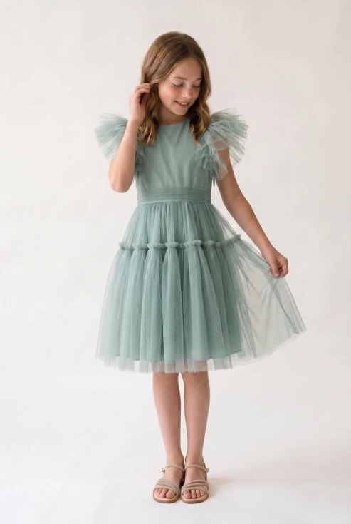 Vestido Paola de tul color menta para niña de ceremonia