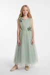 vestido largo niña - Vestido largo Bella verde salvia de ceremonia para niña (5)