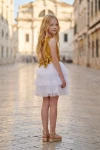 Vestido Riva blanco y dorado al aire libre: espalda con abertura y lazo de lentejuelas, falda de tul