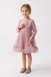 Vestido de tul con lazo Iga rosa palo para niña: falda de tul con volante y lacito, cuerpo entero de frente
