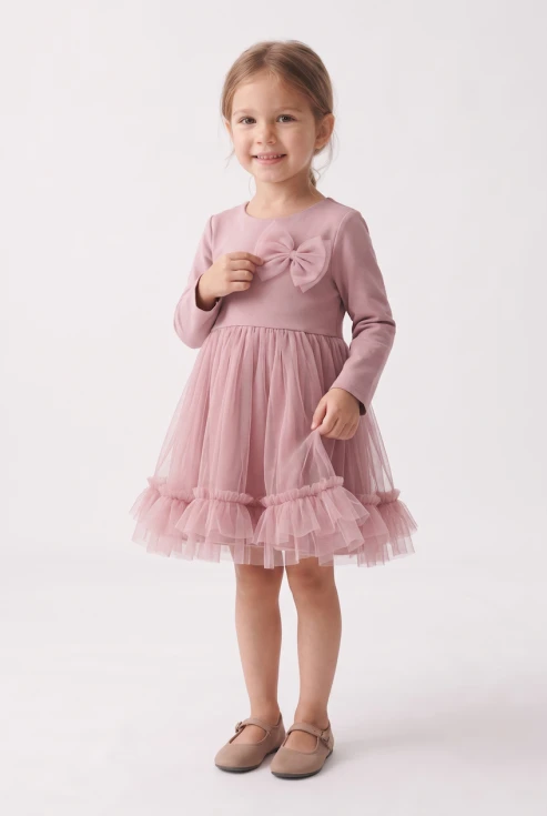 Vestido de tul con lazo Iga rosa palo para niña: falda de tul con volante y lacito, cuerpo entero de frente
