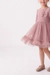 Vestido Iga rosa palo: falda de tul con vuelo y volante, lacito en el pecho