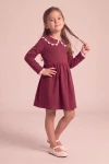 Vestido con cuello de encaje Estera burdeos para niña, manga larga, cuerpo entero de frente