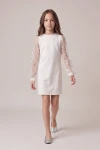 Vestido con mangas de tul y lentejuelas Vivienne blanco para niña, cuerpo entero en movimiento, vista frontal