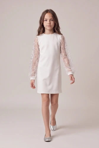 Vestido con mangas de tul y lentejuelas Vivienne blanco para niña – comunión y Nochevieja