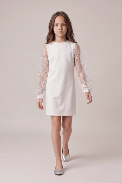 Vestido con mangas de tul y lentejuelas Vivienne blanco para niña, cuerpo entero en movimiento, vista frontal