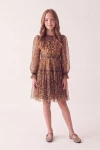 Vestido Holly estampado de leopardo por encima de la rodilla con mangas largas de tul, vista frontal