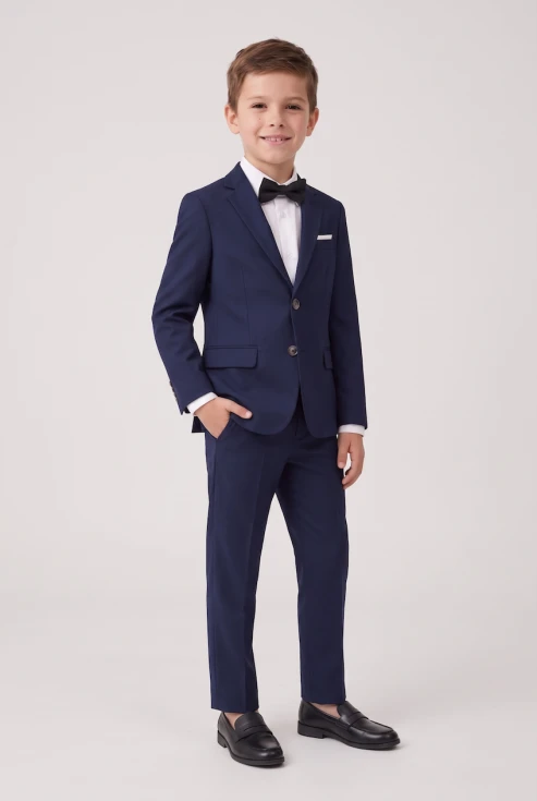Conjunto de ceremonia Sam azul marino para niño con americana, pantalón y pajarita negra, cuerpo entero de frente