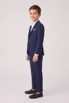 Traje Sam azul marino para niño de lado: americana y pantalón con raya, cuerpo entero