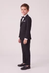 Traje Sam negro para niño con pajarita de lado: americana y pantalón con raya